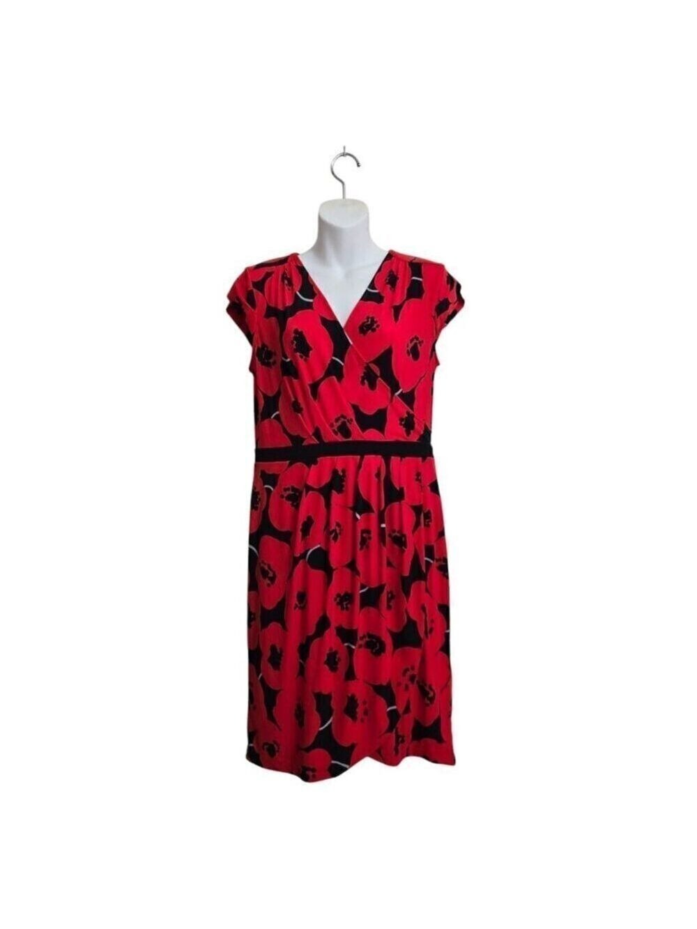 New York & Company Red Poppy Faux Wrap Jersey Knit Mini Shift Dress Sz M